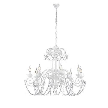 Lampadario Shabby Damasco 8 Luci Ferro Battuto Bianco E Cristalli