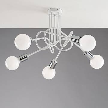 Plafoniera Minimal 5 Luci In Ferro Laccato Bianco Particolari Cromo Serie Pop
