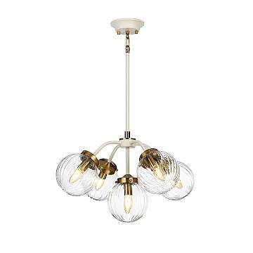 Lampadario Contemporaneo Cosmos Acciaio Crema Vetro Ottone 5 Luci E14