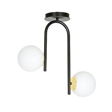 Lampadario 2 Luci Kalf In Acciaio Nero A Bracci E Sfere In Vetro Opalino E Oro