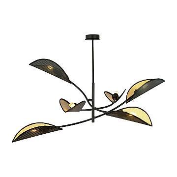 Sospensione Nordica 6 Luci Lotus In Acciaio Nero Oro Bracci Regolabili