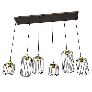 Sospensione Minimal Industrial Vander 6 Luci Lineari Nera E Oro