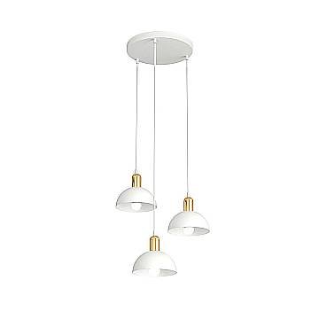 Lampadario 3 Luci Moto Base Tonda In Acciaio Bianco E Oro Diffusori A Cupola