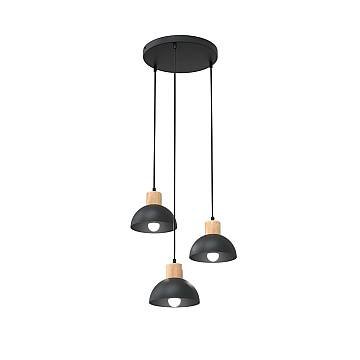 Sospensione Nordica 3 Luci Seco Base Tonda In Acciaio Nero E Legno Naturale