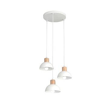 Sospensione Nordica 3 Luci Seco Base Tonda In Acciaio Bianco E Legno Naturale