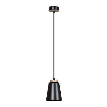 Sospensione 1 Luce Bolero A Cono In Acciaio Nero E Legno Naturale