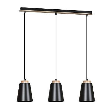 Lampadario 3 Luci Bolero Con Paralumi A Cono In Acciaio Nero E Legno Naturale