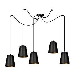 Lampadario 5 Luci Link In Acciaio Nero Cavo Lungo E Paralumi Cono Nero E Oro