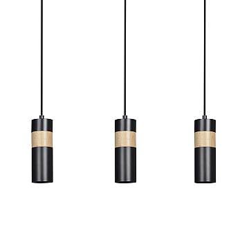 Lampadario 3 Luci Akari In Acciaio Nero A Cilindro Con Legno Naturale