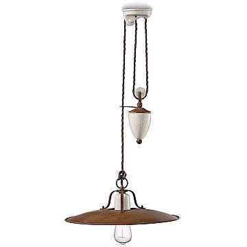 Lampadario Vintage Grunge Saliscendi Ferro E Ceramica Craquele' 1 Luce E27