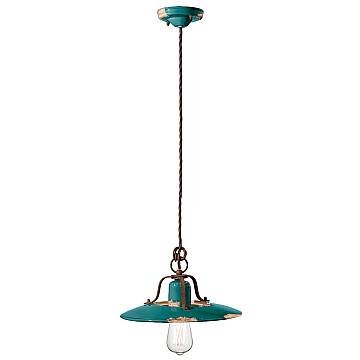 Lampadario Vintage Country Ferro E Ceramica Verde 1 Luce E27 30Cm