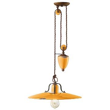 Lampadario Vintage Country Saliscendi Ferro E Ceramica Giallo 1 Luce E27
