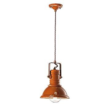 Lampadario Industrial Ferro E Ceramica Vintage Arancio 1 Luce E27 23Cm