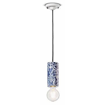 Sospensione Media Vintage Decò Pi Ceramica Ming Blu 1 Luce E27