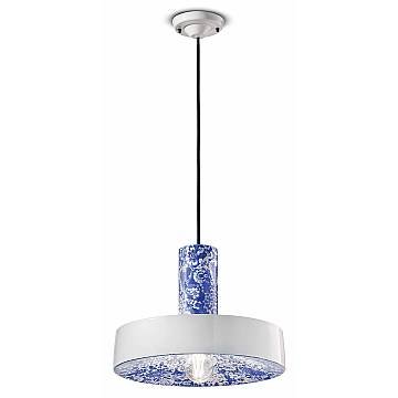 Sospensione Grande Vintage Decò Pi Ceramica Ming Blu 1 Luce E27