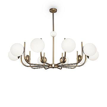 Lampadario Contemporaneo Rendez-Vous Metallo Ottone 10 Luci Diffusori Bianchi