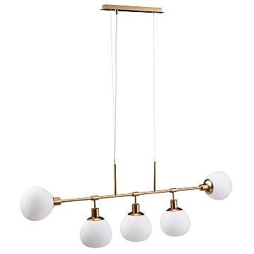 Lampadario Sospensione Erich Metallo Ottone 5 Luci Diffusori Bianchi