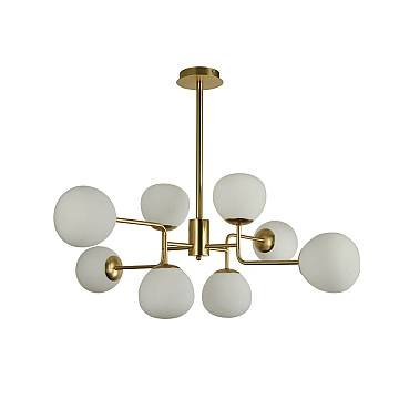 Lampadario Sospensione Erich Metallo Ottone 8 Luci Diffusori Bianchi