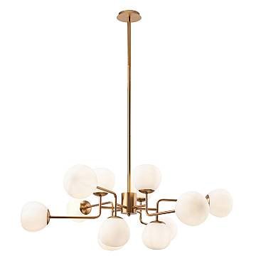 Lampadario Sospensione Erich Metallo Ottone 12 Luci Diffusori Bianchi