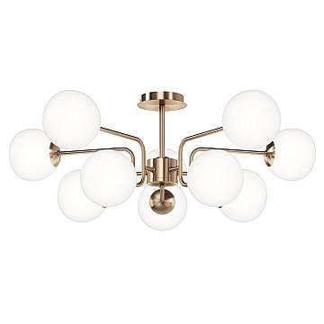 Lampadario Sospensione Erich Metallo Ottone 10 Luci Diffusori Bianchi