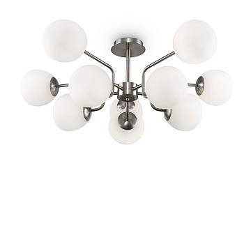 Lampadario Sospensione Erich Metallo Nichel 10 Luci Diffusori Bianchi