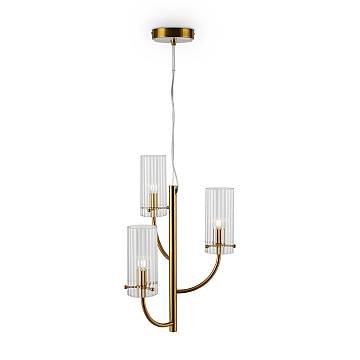 Lampadario Contemporaneo Arco Metallo Ottone 3 Luci Diffusori Vetro