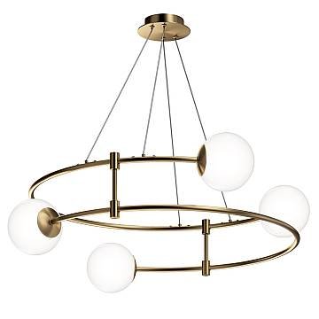 Lampadario Minimal Balance Metallo Oro 4 Luci Diffusori Sferici Bianchi