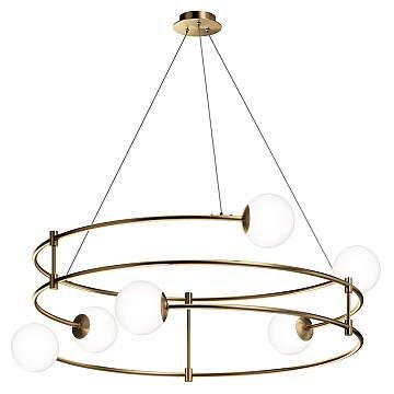 Lampadario Minimal Balance Metallo Oro 6 Luci Diffusori Sferici Bianchi
