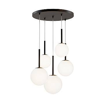 Lampadario Minimal Basic Form Metallo Nero 5 Luci Diffusori Bianchi