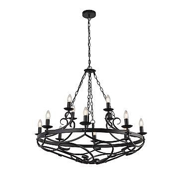 Lampadario Rustico-Country Cartwheel Iii Acciaio Nero 12 Luci E14