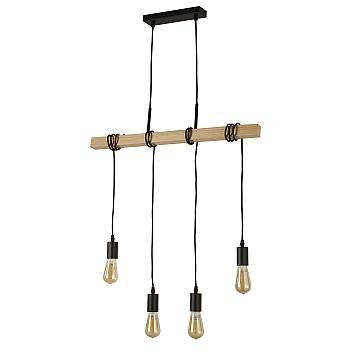 Lampadario Industrial-Nordico Legnoso Acciaio Marrone Legno 4 Luci E27