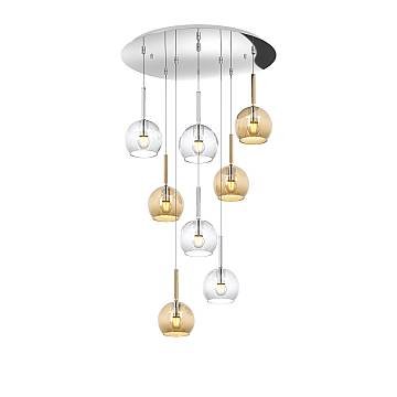 Lampadario Contemporaneo Future Metallo Cromo Vetro Trasp-Ambra 8 Luci E27