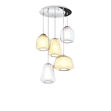 Sospensione Contemp Tonda Double Skin Metallo Cromo Vetro Mix Trasp Ambra 5 Luci