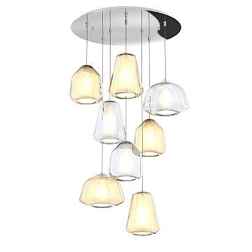 Sospensione Contemp Tonda Double Skin Metallo Cromo Vetro Mix Trasp Ambra 8 Luci