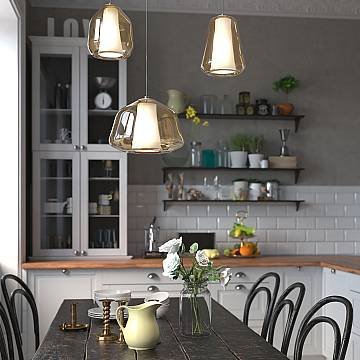 Lampadario Contemporaneo Double Skin Metallo Ottone Vetro Ambra 3 Luci E27