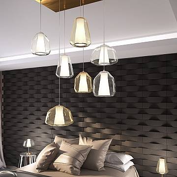 Lampadario Contemporaneo Double Skin Metallo Ottone Vetro Trasp-Ambra 7 Luci E27