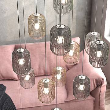 Lampadario Contemporaneo Tender Metallo Cromo Vetro Trasp-Ambra 12 Luci E27