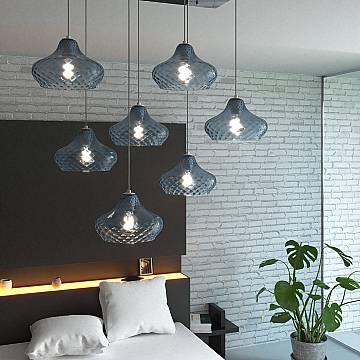 Lampadario Contemporaneo Dress Metallo Cromo Vetro Blu 7 Luci E27