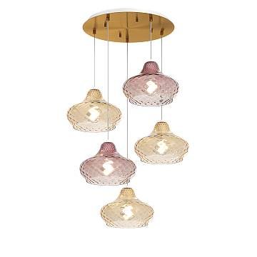 Lampadario Contemporaneo Dress Metallo Ottone Vetro Ambra-Ruggine 5 Luci E27