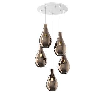 Lampadario Contemporaneo Drop 2.0 Metallo Bianco Vetro Bronzo 5 Luci E27