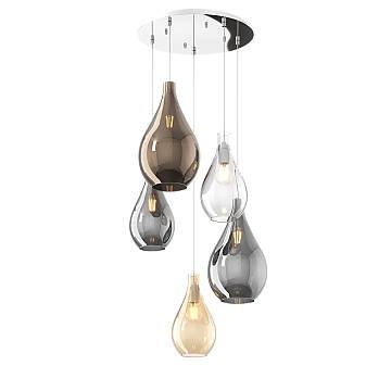 Lampadario Tondo Contemp Drop 2.0 Metallo Cromo Vetro Multicolor 5 Luci E27